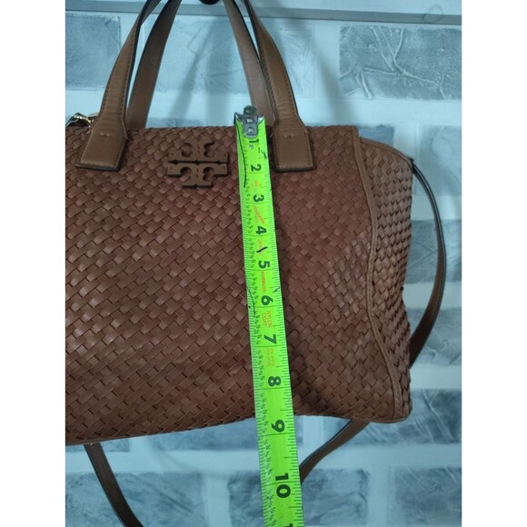 TORY BURCH THEA Tobacco Brown WOVEN Leather Center Zip Handbag READ - Picture 9 of 16